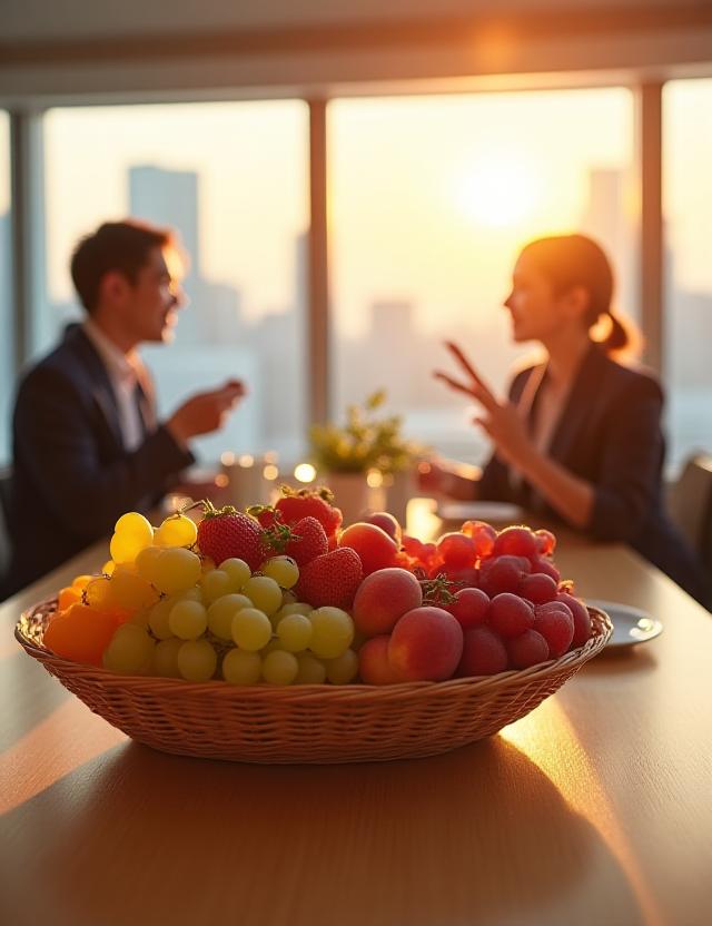 モダンなオフィスで新鮮なフルーツを楽しむ従業員の様子