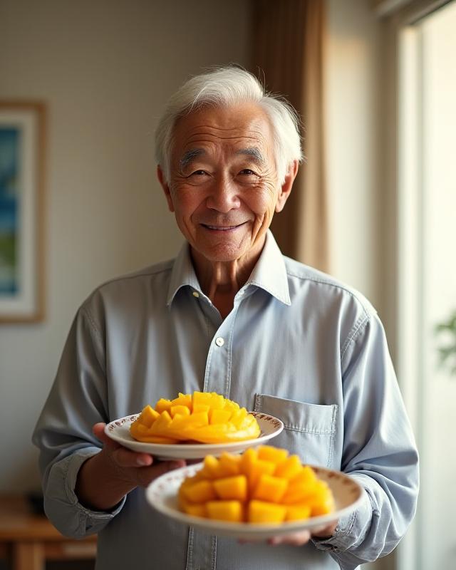 丁寧にカットされたフルーツを楽しむ日本の高齢男性