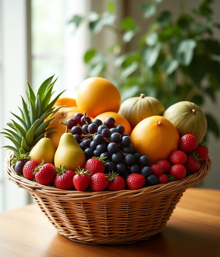 贅沢に盛られた旬のフルーツバスケットのクローズアップ